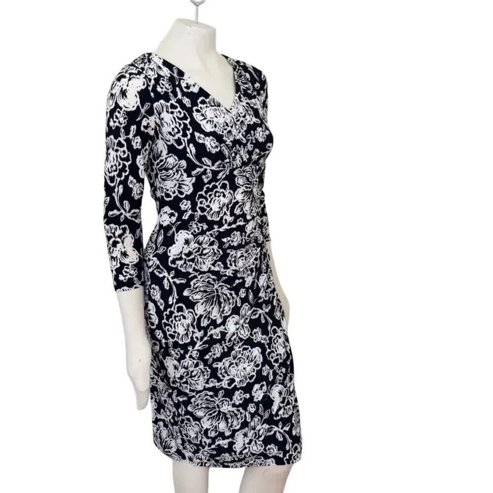 RALPH LAUREN Floral Print Faux Wrap Sheath Dress in Black & White SZ 8